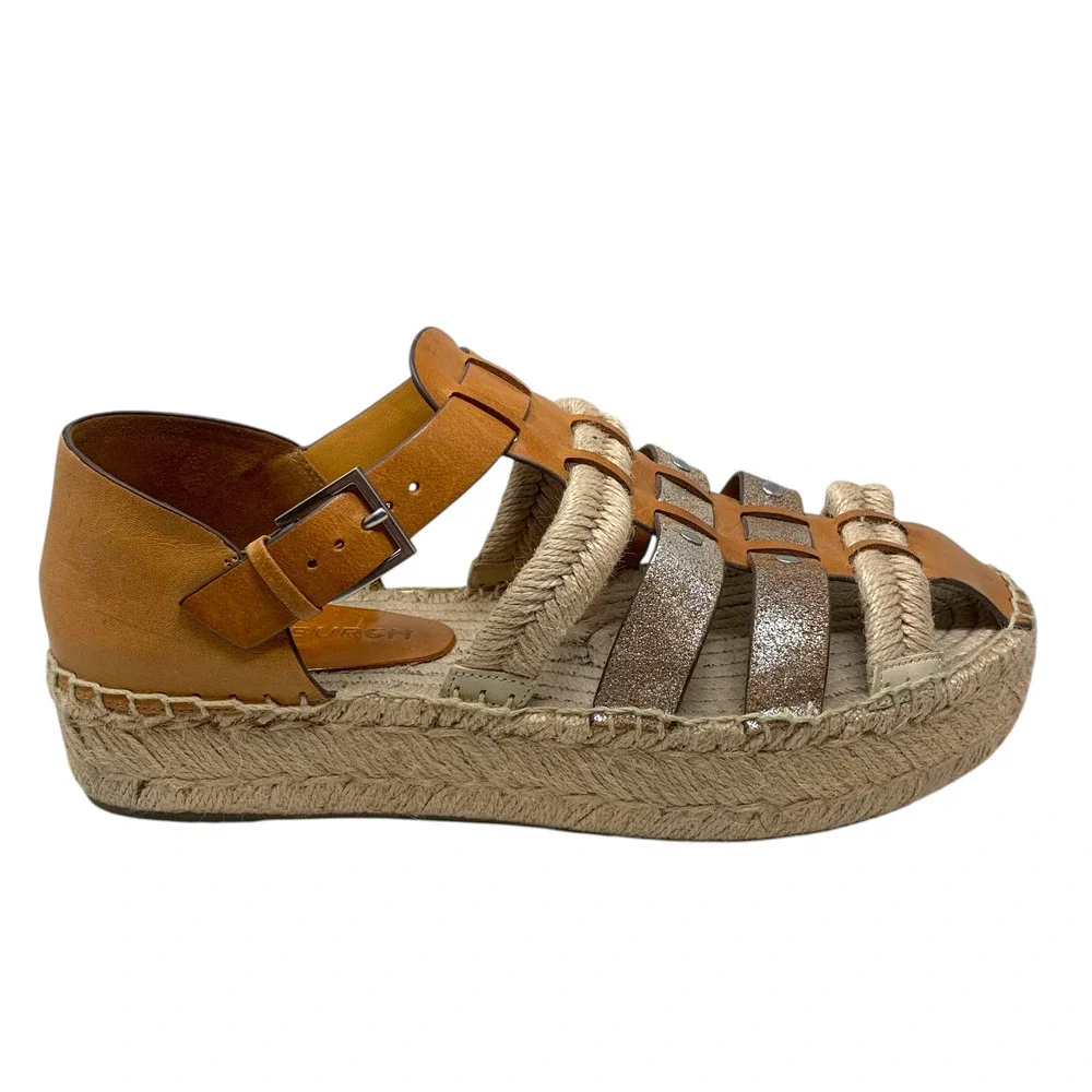 Tory Burch Sz 11 Fisherman Platform Espadrilles Silver/Brandy Leather Nautical
